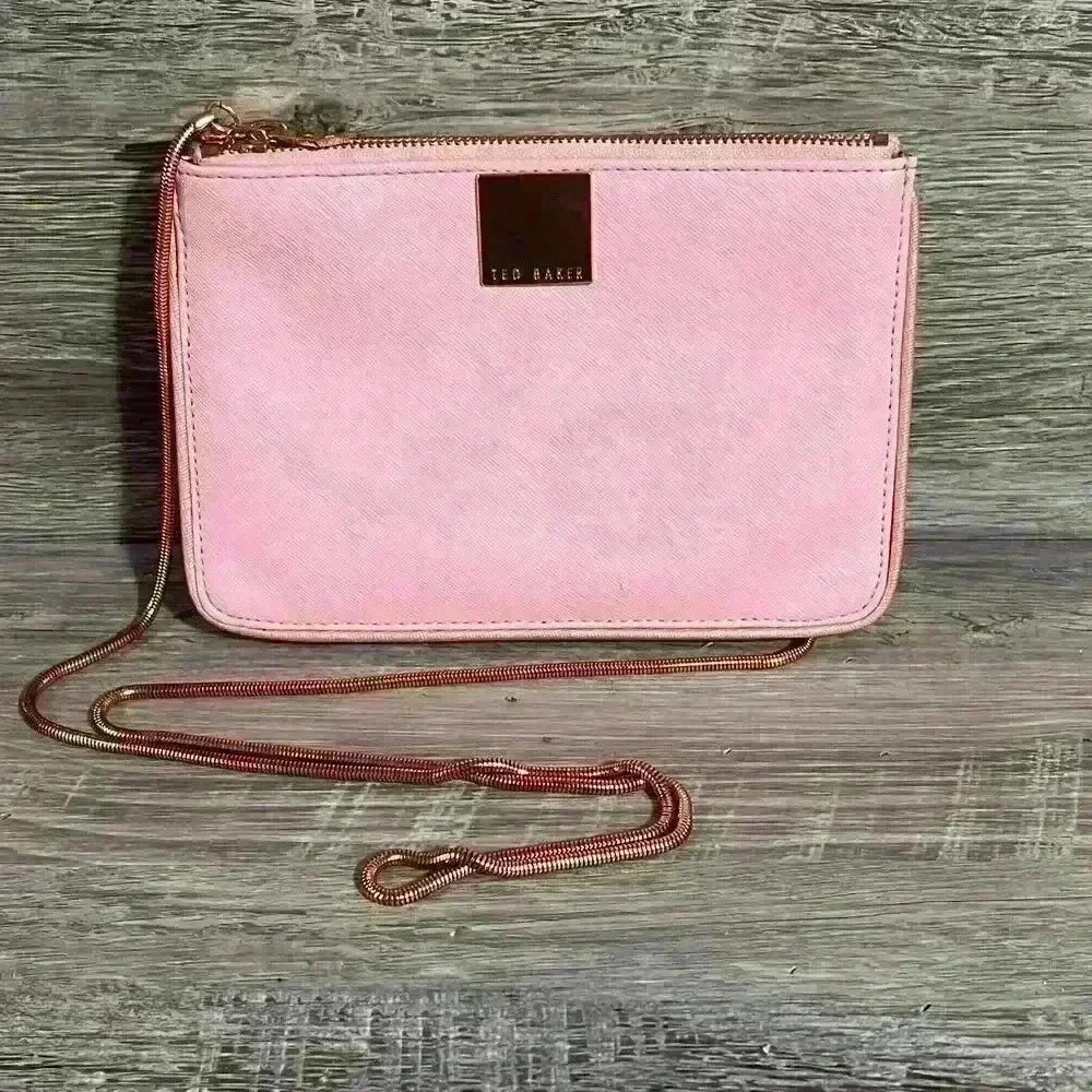 Ted Baker Pink Crossbody Bag with Rose Gold Chain Strap | Dual-Zip Purse